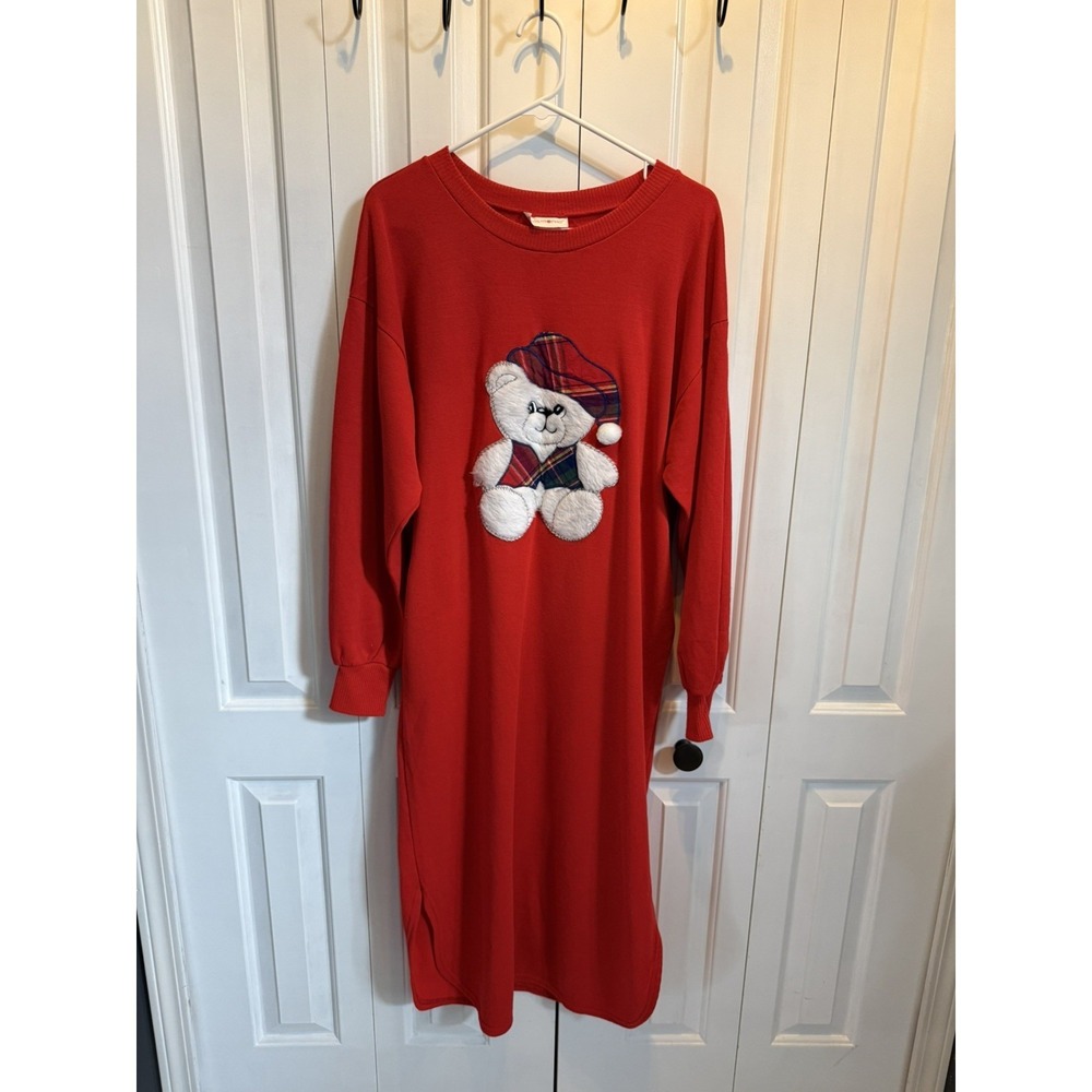 Vintage 90s red holiday‎ teddy bear sweatshirt nightgown size Small Apostrophe